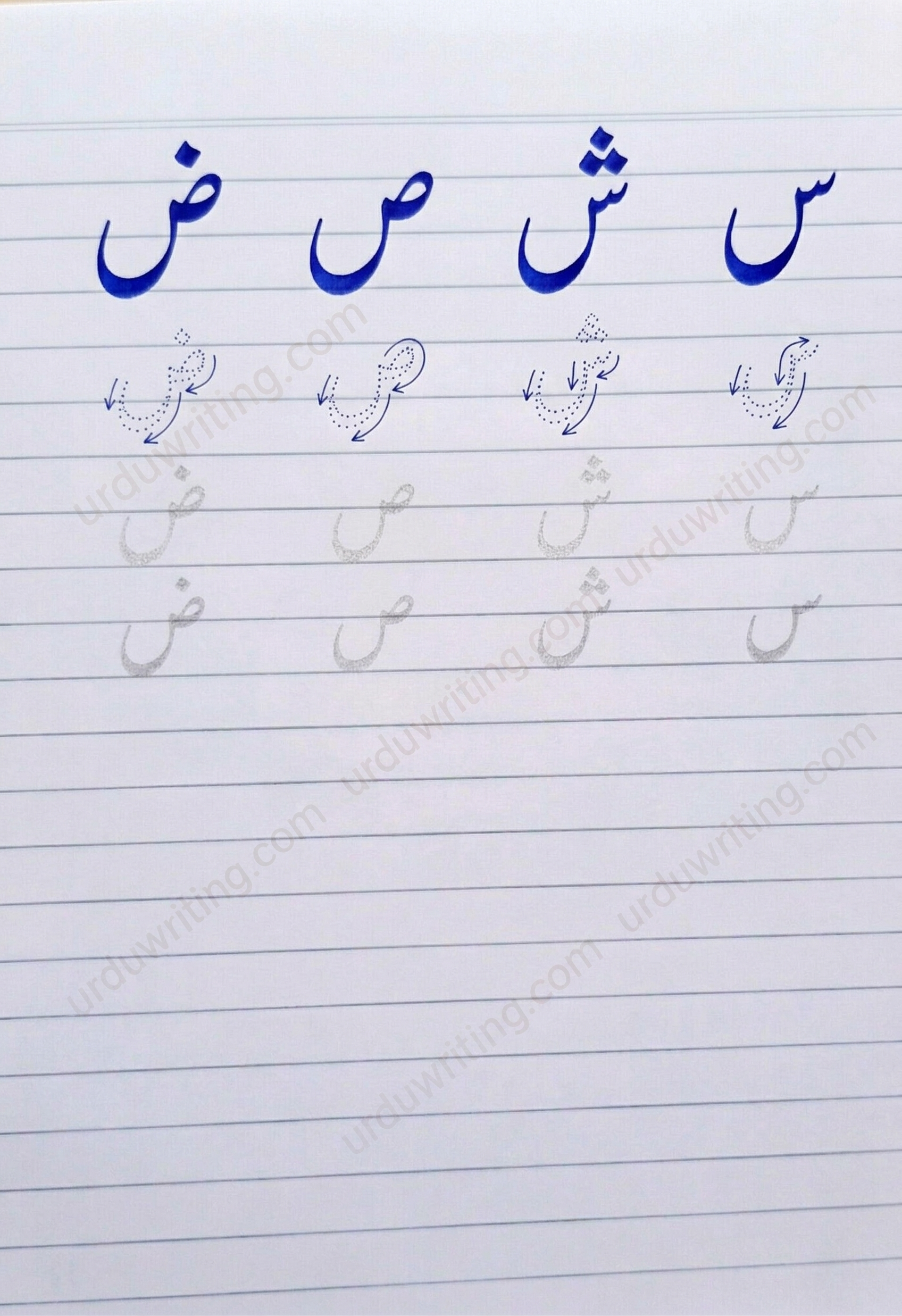 Urdu Handwriting Practice Sheet — Complete Haroof-e-Tahajji tracing and writing guide